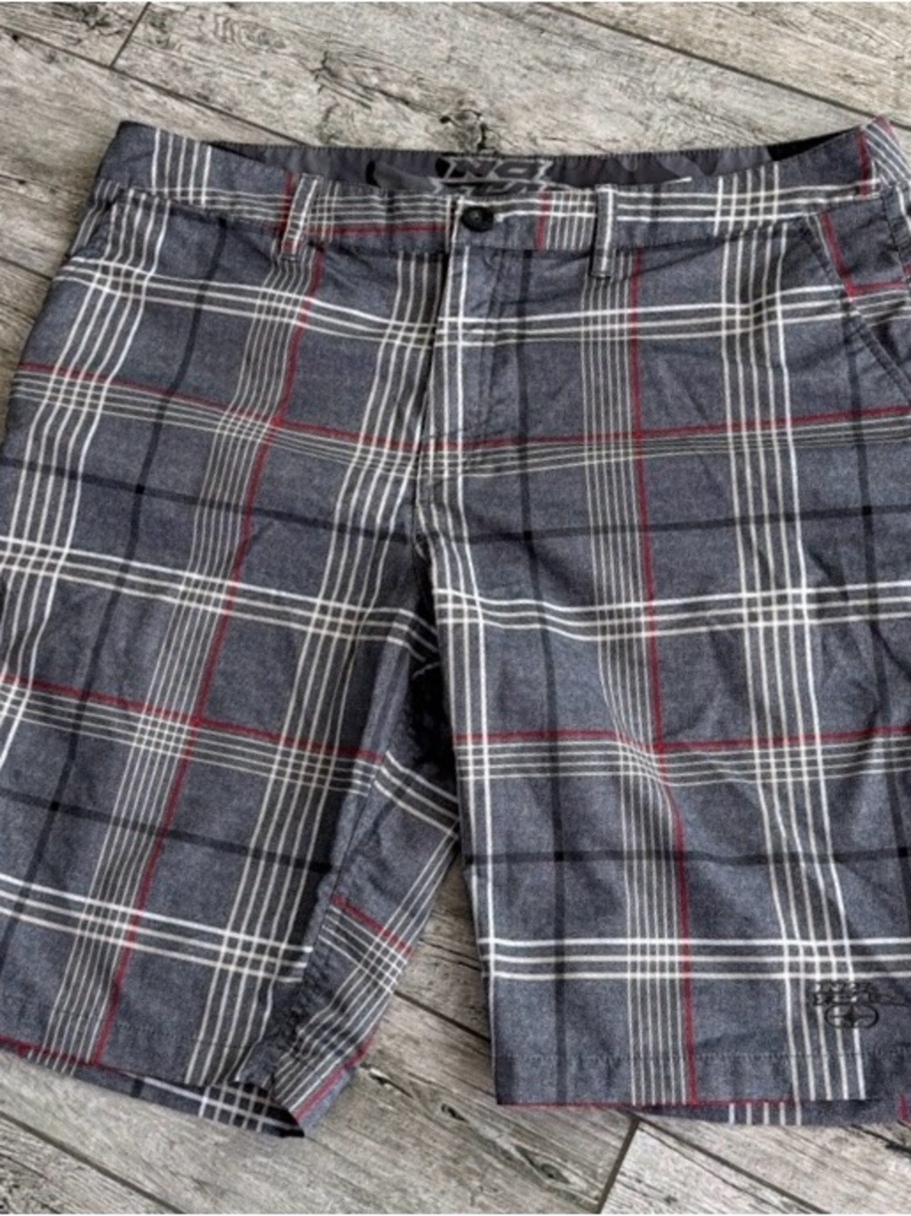 Y2K No FearMen's Gray Plaid Shorts with Red & White Stripes